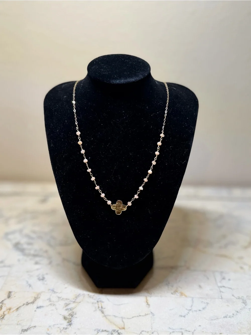 Gold Clover Pendant Beaded Necklace - Handmade